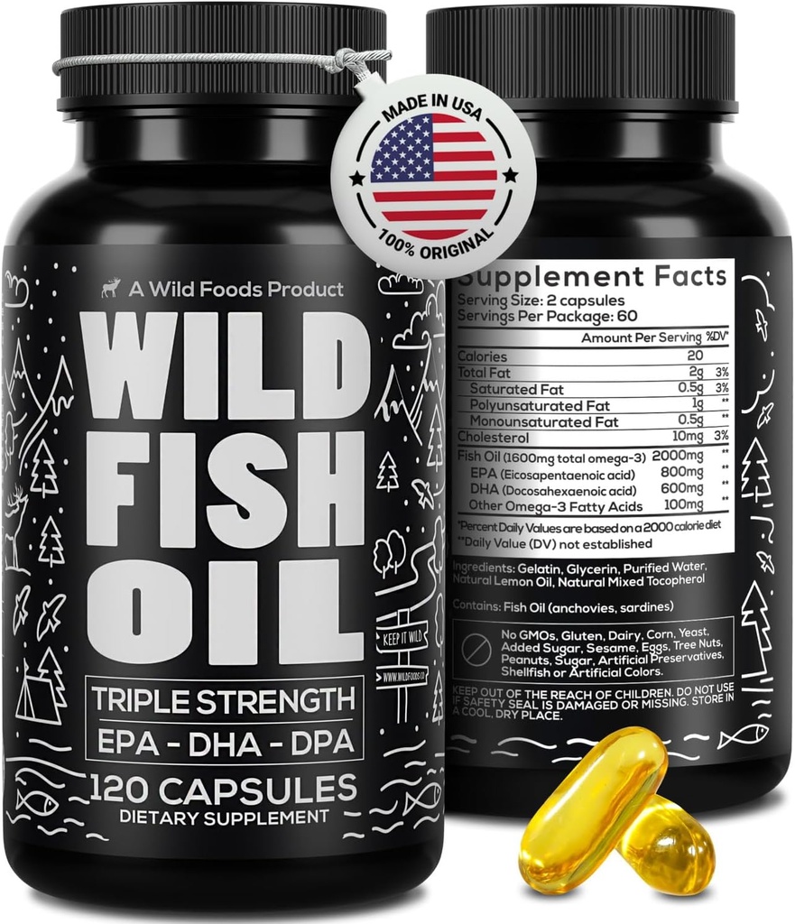 Vahşi Gıdalar Omega 3 Fish Oil Supplement, 120 Capsules (1 pk) | Vahşi Caught, Burpless, Odorless, Non-GMO, Gluten Free | DPA, DHA, EPA Triple Strength Heart & Ortak Beslenme Kadınlar ve Erkekler için