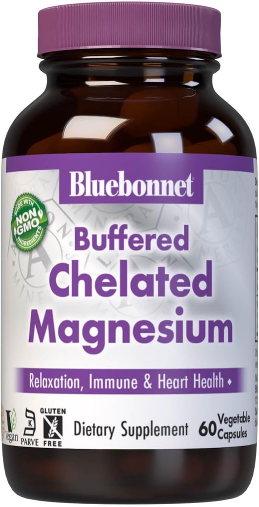 Bluebonnet Beslenme Albion Buffered Chelated Magnezyum 200 mg, Oksit Magnezyum, Stres Yardımı, Vegan, GMO, Gluten Free, Soy Free, Milk Free, Kosher, 60 Sebze Kapsülleri, 1 Ay Supply