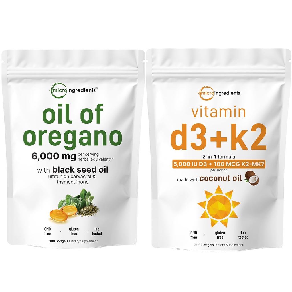 Micro Συστατικά Λάδι από Ρίγανο Softgels 6.000mg ανά Σερβίρισμα & βιταμίνη D3 5000 IU Plus K2 (MK-7) 100 mcg, 300 Virgin Coconut Oil Softgels Bundle Pack 