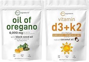 Oregano Softgels'in Mikro Yağı D3 5000 IU Plus K2 (MK-7) 100 mcg, 300 Virgin Coconut Yağ Yumuşakgels Paket | 4X Strength Carvacrol & Thymoquinon | Essential