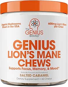 Genius Lion's Mane Soft Chews Supplement – Nootropic Mushroom for Focus, Clarity, Memory, Energy, Brain Health Support – Salted Caramel Flavor