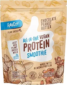 FlavCity Vegan Protein Powder - Σοκολάτα Φυστικοβούτυρο - 20g Αμύγδαλο, Φυτική Σκόνη Πρωτεΐνης - Γαλακτοκομικά-Free Shake - Με Βιολογικά Φρούτα, Reishi & Cordecyps Μανιτάρια - Δεν χρειάζεται Blender (15 σερβιρίσματα)