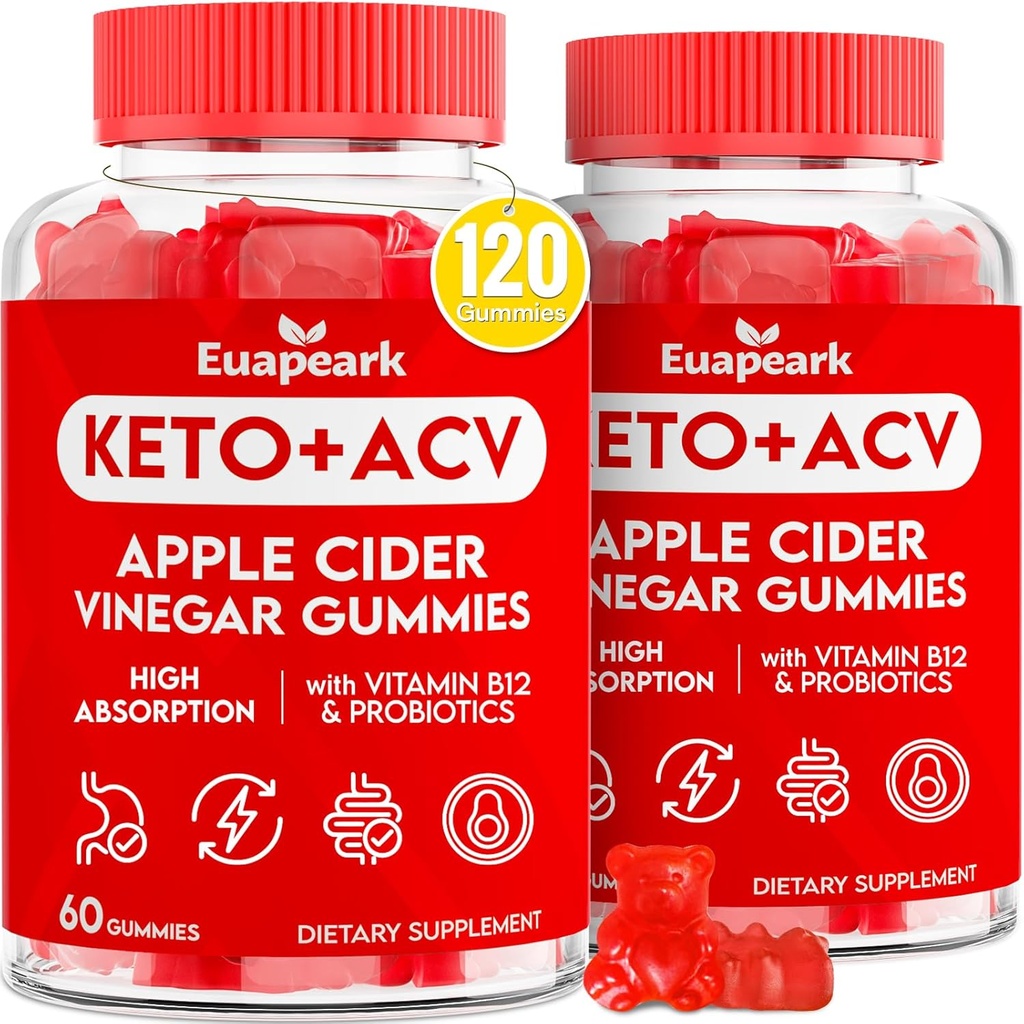 Τσίχλες μηλίτη μήλου, Keto ACV Gummies με προβιοτικά, Βιταμίνη B12 & Keto Support, 2000 mg ACV με μητέρα για την πέψη, μεταβολισμό, Cleanse & Detox Diet, Vegan, χαμηλή ζάχαρη, 120 Counts