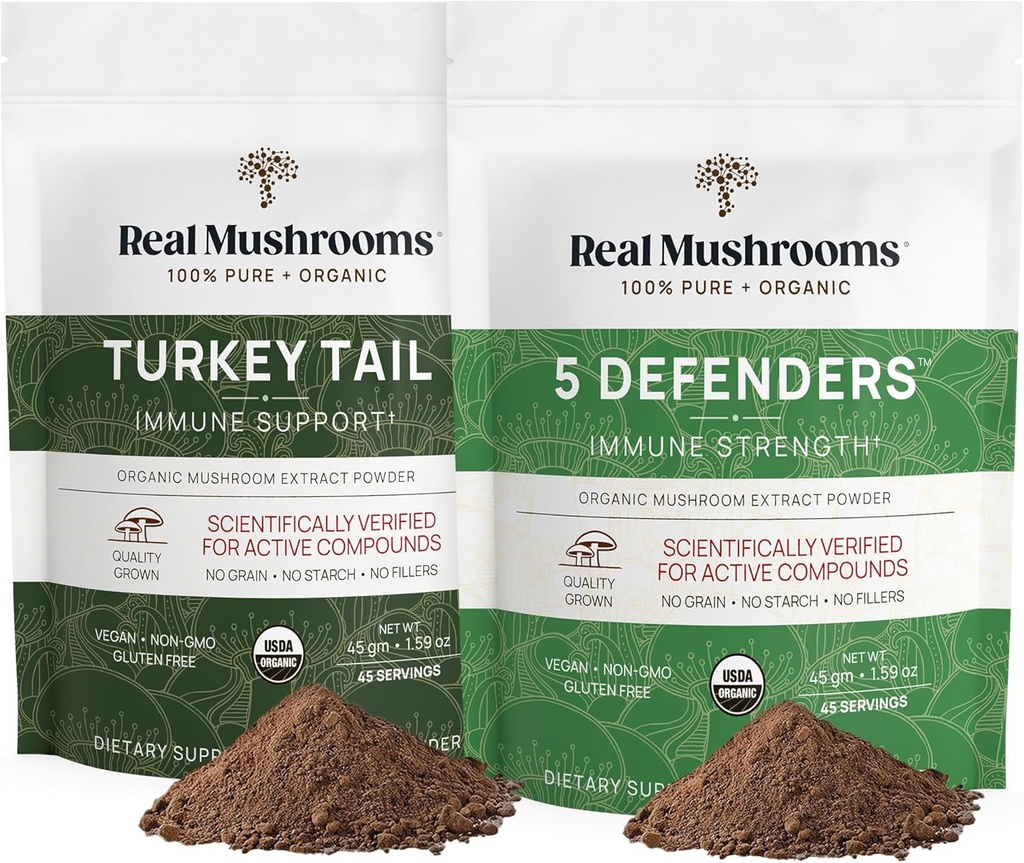 Gerçek Mushrooms Türkiye Tail (45g) ve 5 Defender (45g) Mushroom Extract Toz Sche - Immune Strength - Vegan, Non-GMO Immunity Supplement