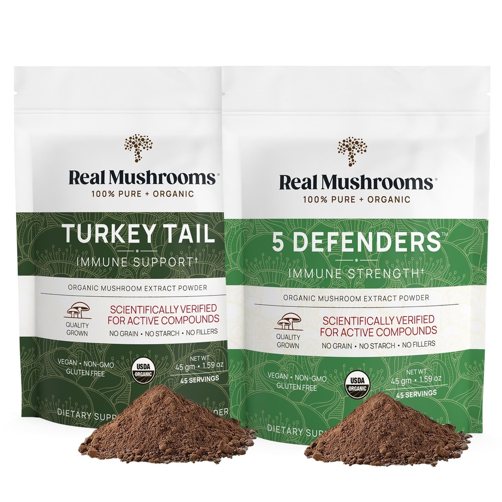 Gerçek Mushrooms Türkiye Tail (45g) ve 5 Defender (45g) Mushroom Extract Toz Sche - Immune Strength - Vegan, Non-GMO Immunity Supplement