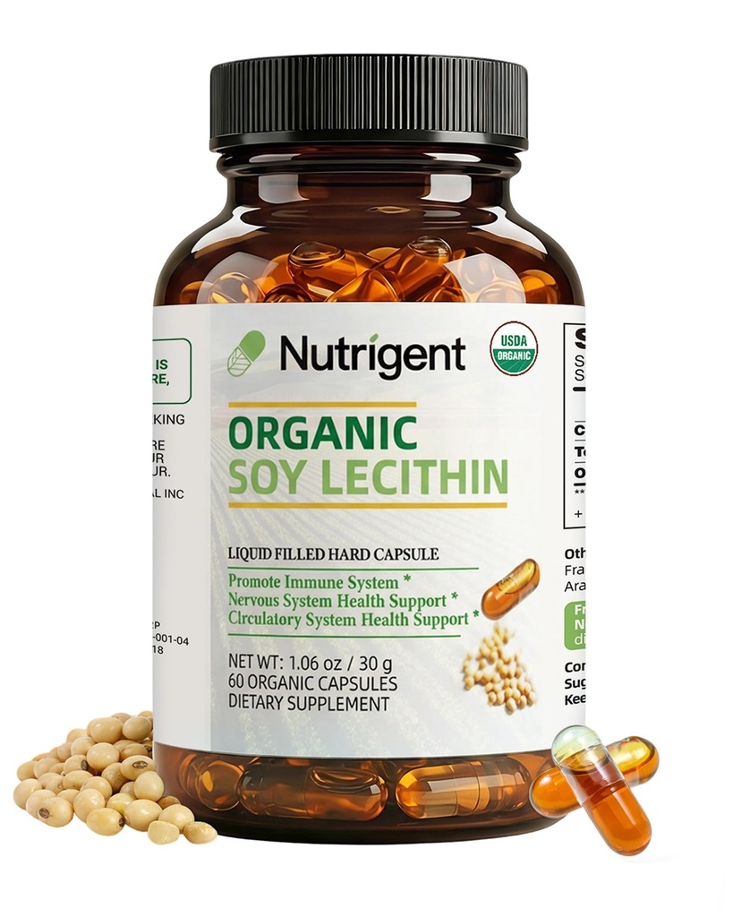 USDA Organik Soy Lecithin Supplement 800 mg, Yüksek Absorik Organik Capsules, Beyin ve Liver Health Support, Non-GMO, Gluten Free, 60 Count