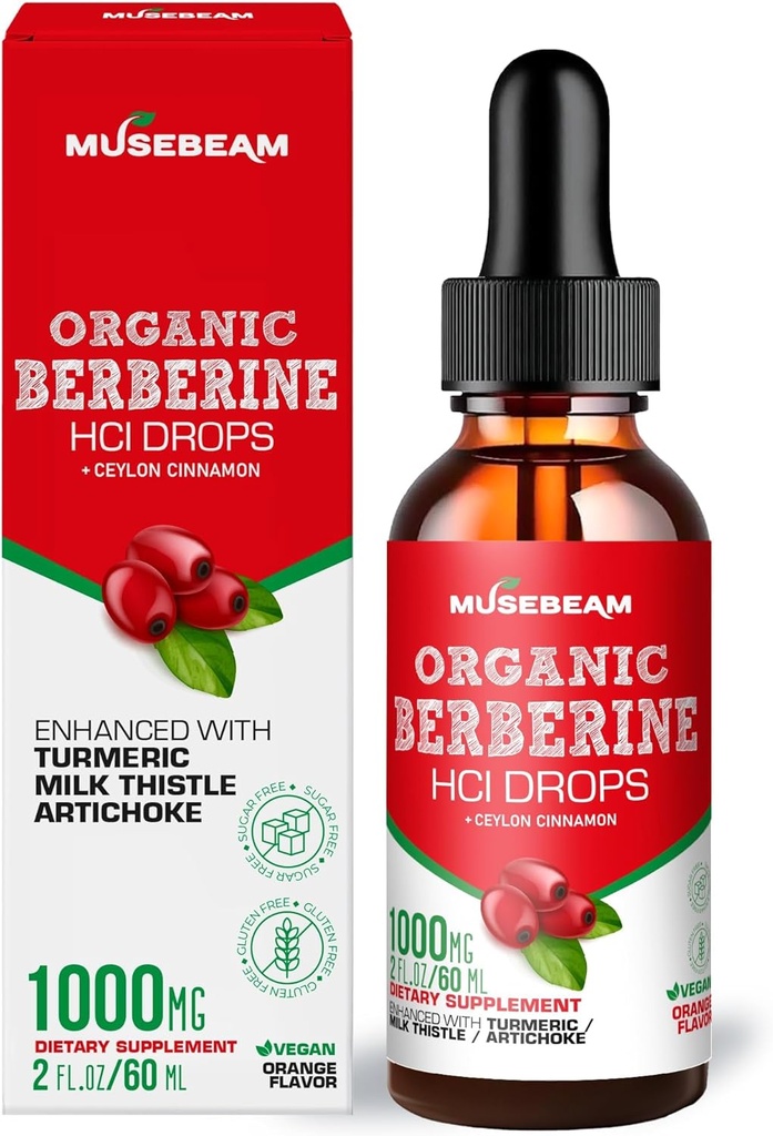 Organic Berberine HCl 1000mg Liquid Drops - with Ceylon Cinnamon Turmeric Milk Thistle Artichoke - High Bioavailability Supplement for Men Women - Vegan Sugar Free Gluten Free 2fl. oz (60ml)
