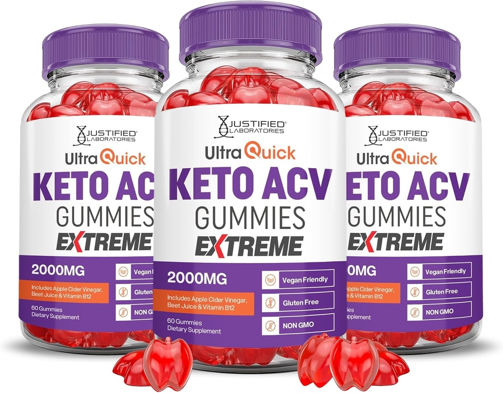 Justified Laboratories (3 Pack Ultra Quick Keto ACV Gummies Extreme 2000MG Ultraquick Keto Gummies Apple Cider Vinegar Formed with Pomegranate Beet Buice Powder B12 Vegan Non GMO 180 Gummys