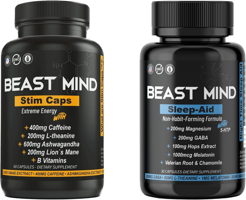 Day & Night Energy With Sleep Aid Sche | 400 mg Caffeine | 600 mg Ashwagandha | 200 mg Lions Mane | Artan Enerji & Focus & Mood Sleep Aid with GABA, Valerian Root, Chamomile, Melatonin, Magnezyum