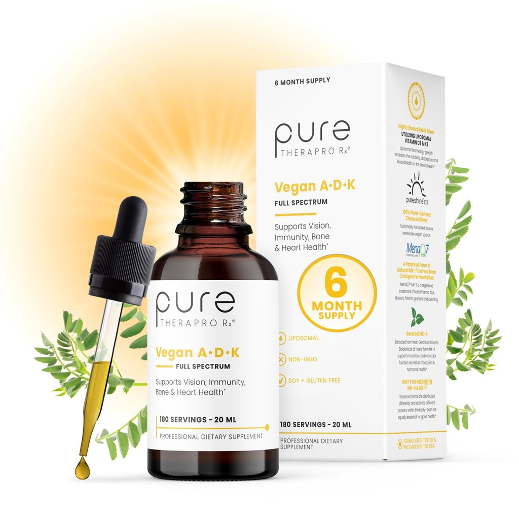 Saf TheraPro Rx Vegan A-D-K Drops-6 Mon Supply-Vitamin A (Palmitate & Betacarotene),Liposomal Vitamin D3 ( Vegan cholecalciferol),Liposal K2 (MK-4 & MK-7)Depres Immunity & Bone Health-20mL