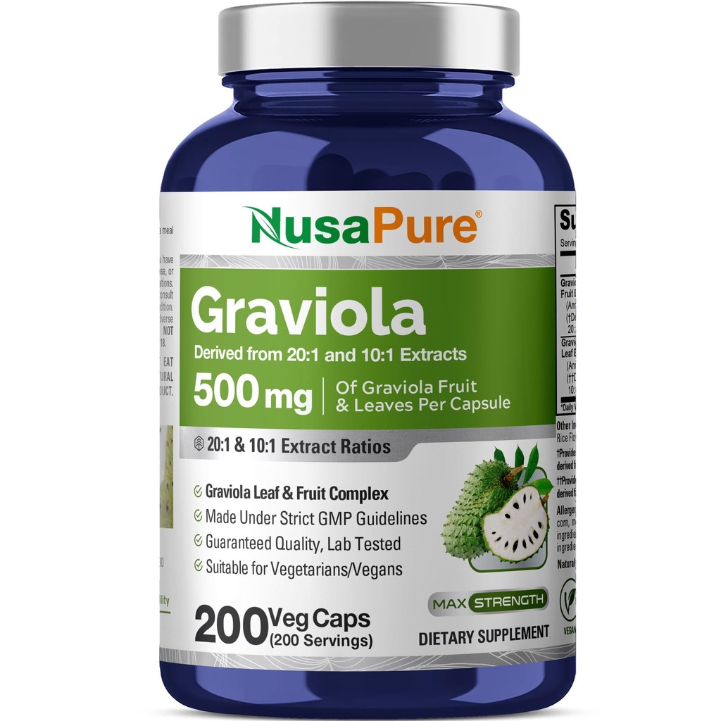 NusaPure Graviola 20:1 & 10:1 Ekstraksiyon, 250 mg 200 Veggie (Vegan, Non-GMO) kapak başına 7,500 mg Eş Eş Eşlik