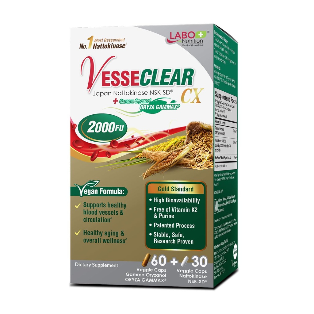 LABO Beslenme VesseCLEAR CX: Nattokinase NSK-SD + Gamma Oryzanol for Clean Blood Gemi & Health Ageing, Japonya'nın En Klinik Olarak İncelenmiş, Sağlıklı Cholesterol, Kalp, Vegan, Asit-Resistant
