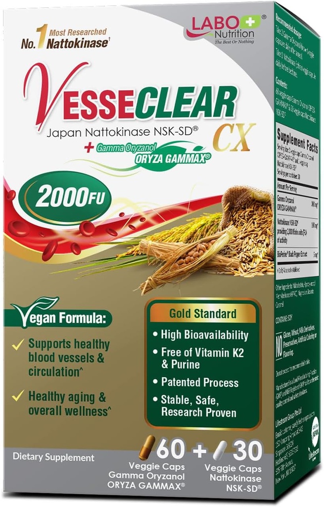 LABO Beslenme VesseCLEAR CX: Nattokinase NSK-SD + Gamma Oryzanol for Clean Blood Gemi & Health Ageing, Japonya'nın En Klinik Olarak İncelenmiş, Sağlıklı Cholesterol, Kalp, Vegan, Asit-Resistant