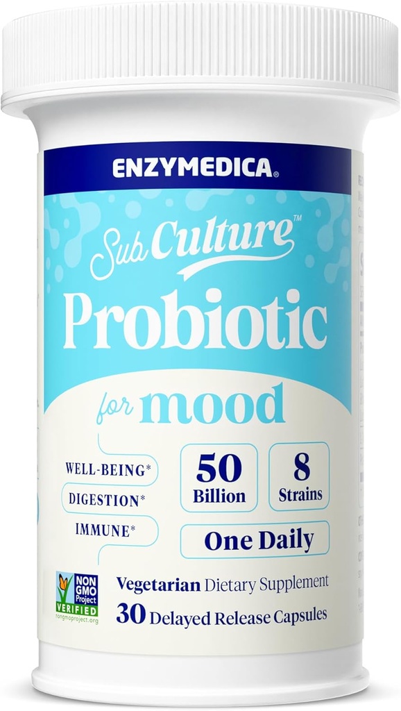 Enzymedica SubCulture Probiyotiks for Mood, Stress, & Sleep, 50 Milyar CFU, Rahatlama, Immune + Digestive Health & Regularity, 30 Countive