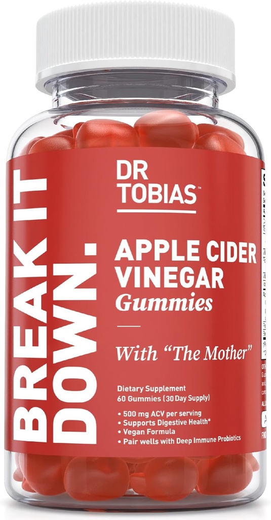 Dr. Tobias Apple Cider Vinegar Gummies with The Mother, 500 mg ACV per Service, Plus Folate, B6, B12 & Iodine, Supports Digestive Health, Gut Cleanse & Detox, Vegan, 60 Gummies
