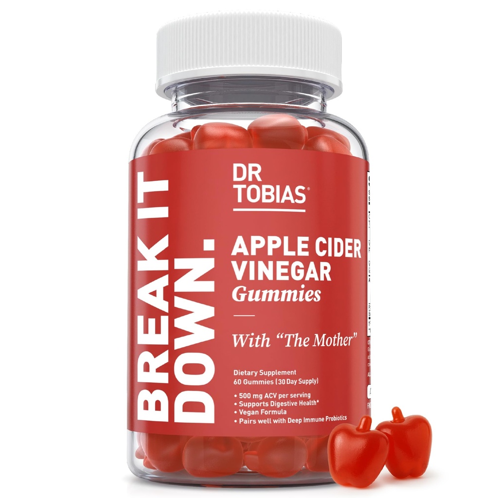 Dr. Tobias Apple Cider Vinegar Gummies with The Mother, 500 mg ACV per Service, Plus Folate, B6, B12 & Iodine, Supports Digestive Health, Gut Cleanse & Detox, Vegan, 60 Gummies