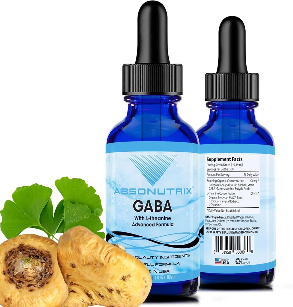 Absonutrix GABA με L-Θεανίνη 290 mg, 4 Oz Liquid, 300 Servings, Κατασκευασμένο στις ΗΠΑ, Γρήγορη Απορρόφηση, Δυνατά Συστατικά Ποιότητας, Μη-GMO, GMP Certified Facility, Σκληρό-Free Προϊόντα