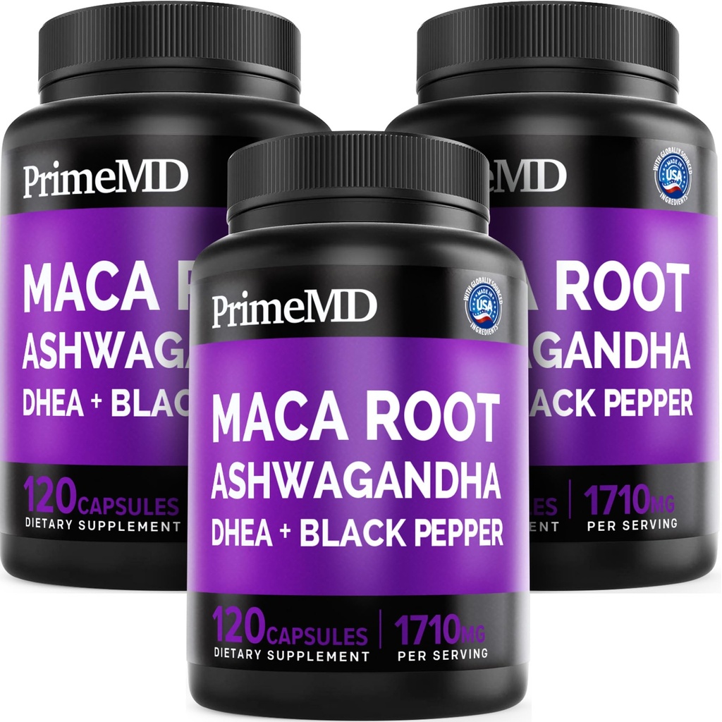 6-σε-1 Βιολογικές κάψουλες ρίζας Maca Ashwagandha 1710mg με εκχύλισμα φρούτων DHEA και Black Pepper για γυναίκες και άνδρες - Μαύρο συμπλήρωμα Maca για το συμπλήρωμα υποστήριξης Stamina, οστών και διάθεσης, 120ct (πακέτο των 3)