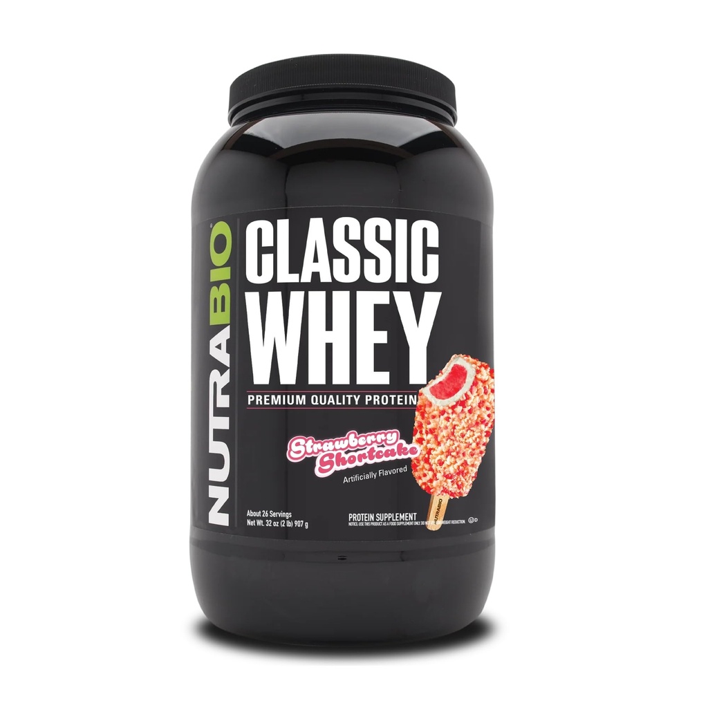 NutraBio Classic Whey Protein Powder Supplement - 25g πρωτεΐνης ανά Scoop - Full-Spectrum Amino Acid Profile with No fillers, Artificial Colors, or Conservatives - Shortcake φράουλας, 2 Λίρες