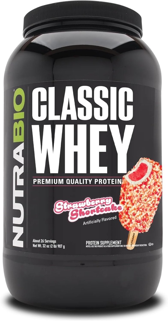 NutraBio Classic Whey Protein Toz Supplement - Protein Per Scoop 25g - Full-Spectrum Amino Asit Profil No Fillers, Yapay Renkler veya Preservatifler - Strawberry Shortcake, 2 Pounds