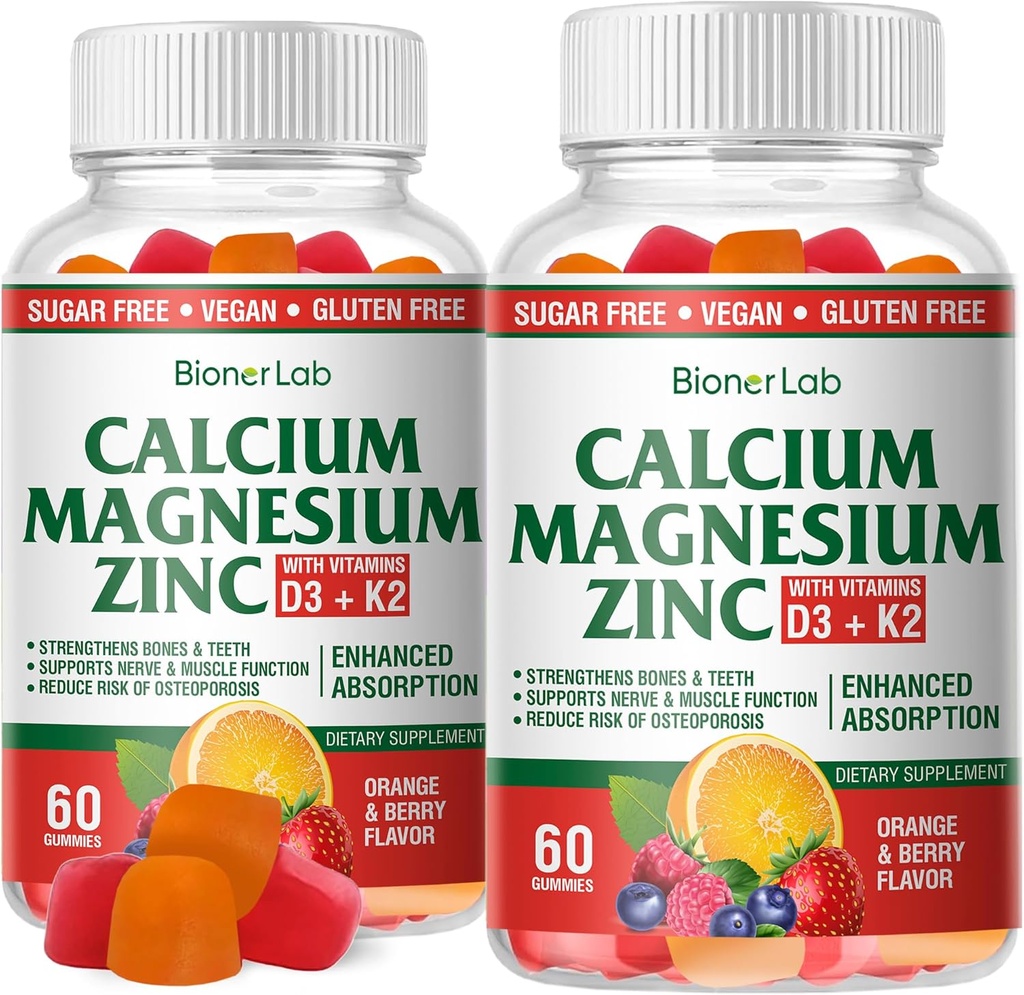 BionerLab Calcium Magnesium Zinc Gummies with Vitamin D3 & K2 - High Potency Enhanced Absorption - Orange and Berry Flavored