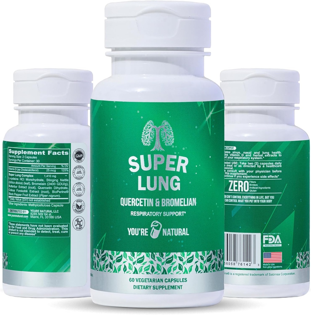 You'RE NATURAL Lung Support Supplement & Respiratory Health, Support Nasal, Chest & Bronchial Health, Support Immune System, Open and Clear Airways - Quercetin, Bromelain, Vitamin D - 30 Days Supply