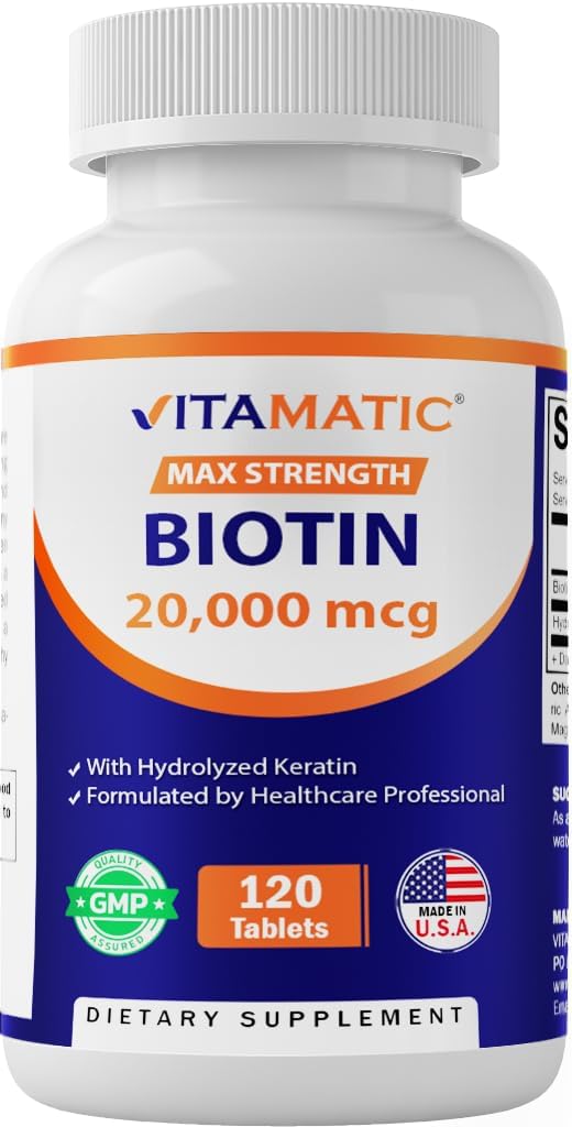 Vitamatic High Potency Biotin 20000 mcg (20mg) ile Keratin 100 mg - 120 Vejetaryen Tabletler - Yetişkinler için Biotin Supplements (120 Kont)