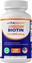Vitamatic High Potency Biotin 20000 mcg (20mg) ile Keratin 100 mg - 120 Vejetaryen Tabletler - Yetişkinler için Biotin Supplements (120 Kont)