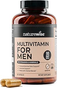 NatureWise Multivitamin for Men - Daily Male Support - Minerals & Herbs for Energy, Performance, Immunity - A, C, D, B-Complex - Soy & Gluten-Free, Non-GMO - 180 Capsules[3-Month Supply]