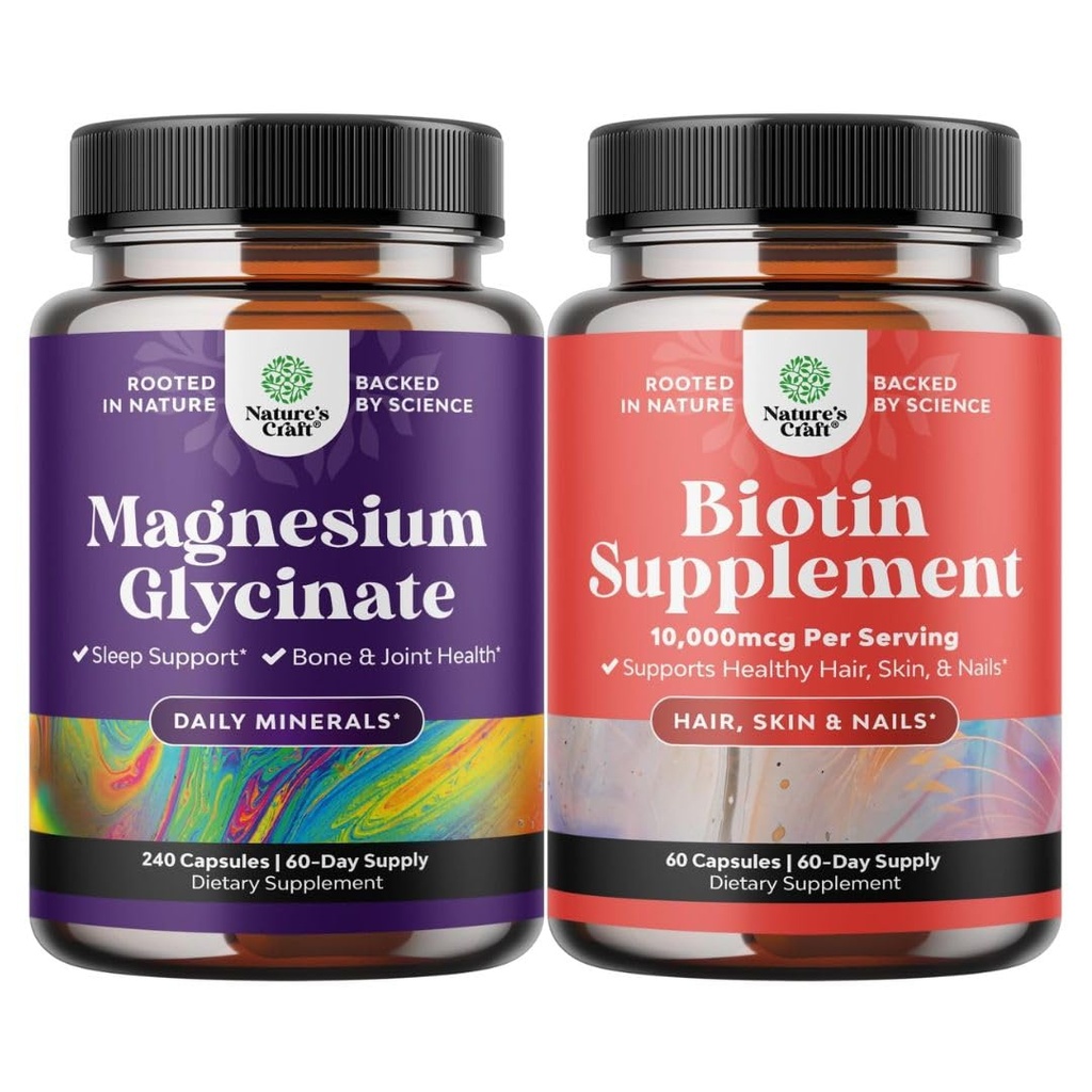 Bundle of Pure Magnesium Glycinate Supplement 400mg Per Serving for Mood Sleep & Relaxation Support and 10000 mcg Pure Biotin Pills - Promotes Thicker & Fuller Hair - Get Clear Skin Strong Nails