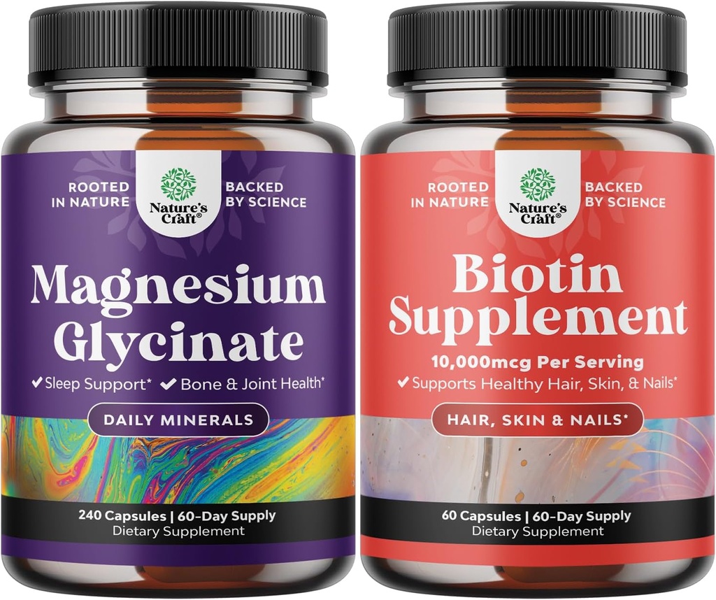 Pure Magnezyum Glycinate 400 mg Per Mood Sleep ve Relaxation 240ct ve Pure Biotin Pills for Women Men - Saçların İncelenmesi Doğal Tamamlamayı Durdurun