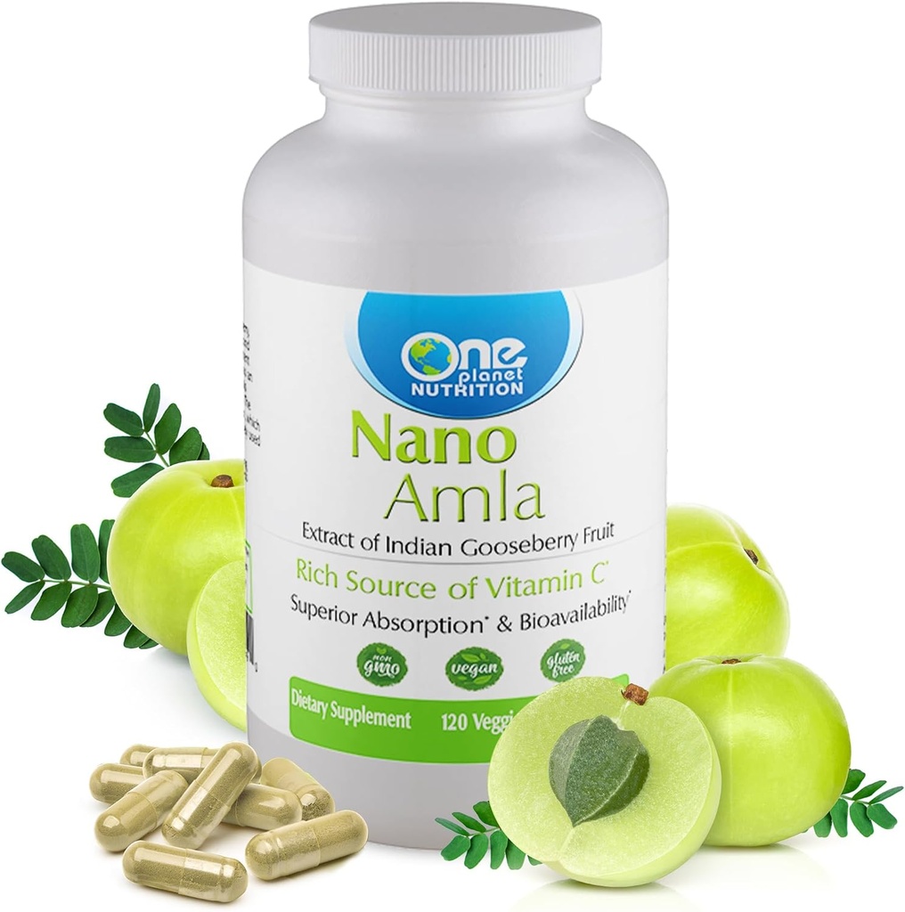 One Planet Nutrition Nano Amla 500 mg Κάψουλες Veggie (120 Servings), εκχύλισμα φρούτων Amla, υψηλή σε βιταμίνη C για την παραγωγή κολλαγόνου & ανοσοποιητική υποστήριξη, μη GMO, Vegan, χωρίς γλουτένη
