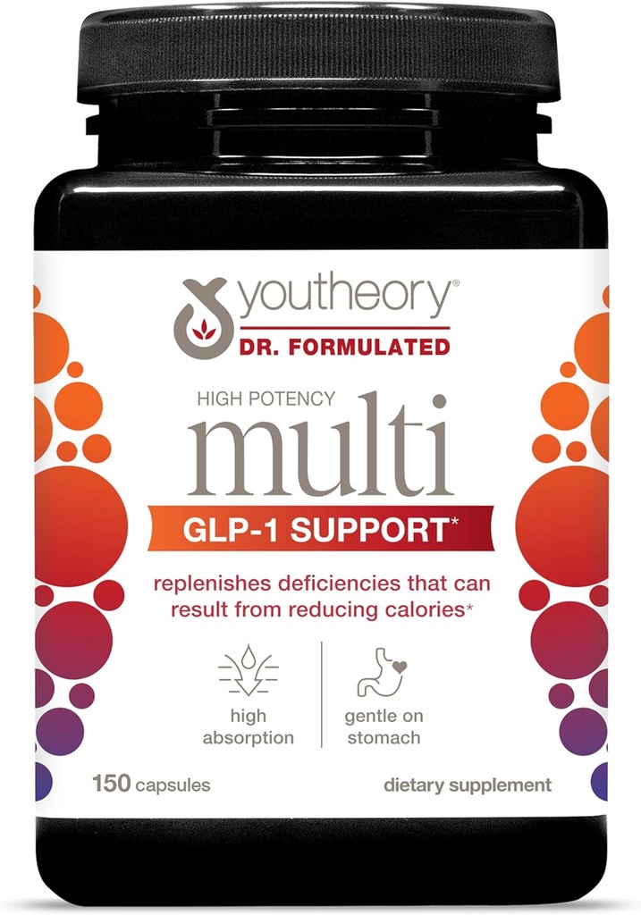 Υποστήριξη Youtheory High Potency Multi GLP-1 - Πολυβιταμίνες υψηλής απορρόφησης - για την Ανοσολογική Υποστήριξη & την Υγεία των Οστών - Απαλό στο στομάχι - Βιταμίνη D, C, Σιδήρου & Περισσότερα - 150 Κάψουλες χορτοφάγων