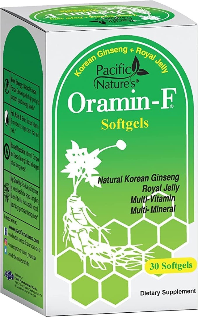 Pacific Nature's Oramin F (30 Softgels) ile Koreli Ginseng, Royal Jelly, Vitamin B Kompleksi ve Enerji için çinko, Immunity, & Beslenme Desteği