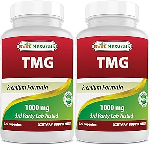 Best Naturals TMG Trimethylglycine (as Betaine Anhydrous) 1000 mg Serving - 120 Capsules - Healthy Homocysteine Levels & Methylation Support (120 Count (Pack of 2))