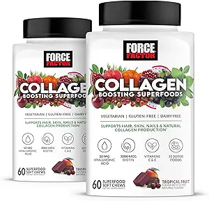 FORCE FACTOR Collagen Boosting Superfoods, Vegan Collagen Branson for Women, With Biotin, Hyaluronic Acid, and Vitamin C, For Hair, Skin, Nails, & Ortak Destek, Tropikal Meyve, 120 Soft Chews, 2Pack
