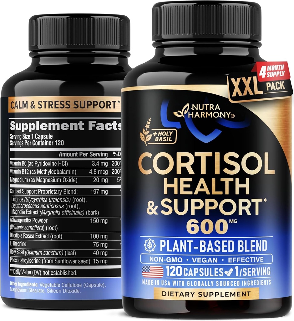 Kadınlar için Cortisol Supplement - Kutsal Basil | Ashwagandha | Rhodiola | L-Theanine - Plant-Based Hormon Dengesi - Mood, Focus & Sleep Support - Amerika'da Made, Vegan, Non-GMO - 120 Capsules for 4 Ay