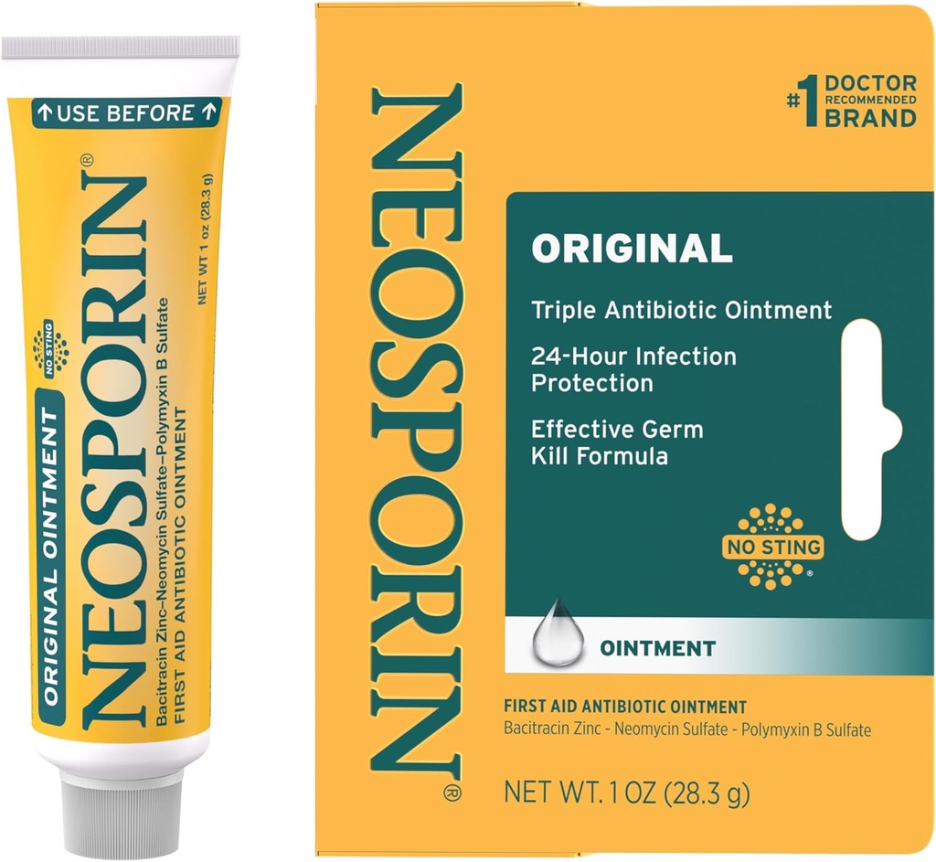 Neosporin Original First Aid Triple Antibiotic Ointment, Bacitracin Zinc & Neomycin Sulfate Infection Protection, Wound Care Treatment & Scar Appearance Minimizer for Minor Cuts, Scrapes & Burns, 1 oz