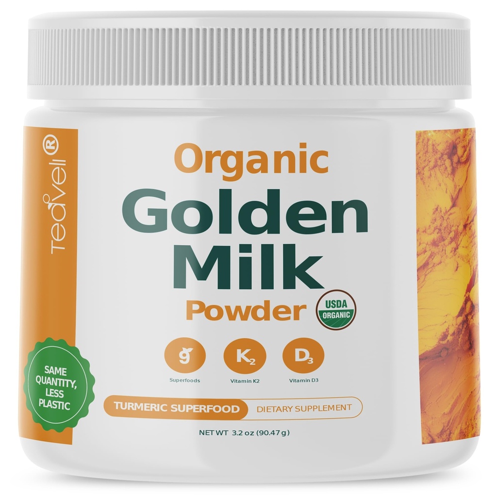 Organik Altın Süt Toz D3 & K2, Turmeric, Ginger, Curcumin, Cinnamon, KSM66 Ashwagandha, Holy Basil & Natural Prebiyotiks- Unsweetened Turmeric Tea Latte- 30 hizmet