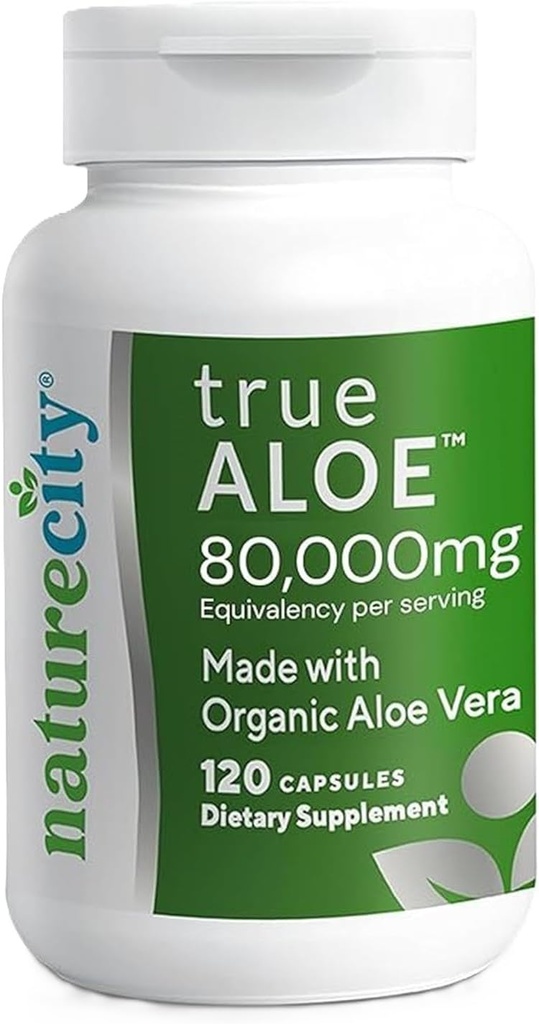 NatureCity True-Aloe Gut Health Support – 80.000 mg Aloe Vera Gel Equivalent Per Servis - Organik Aloe Vera (120 Capsules) Digestive, Skin & Ortak Destek | Easy-to-Swallow Pills