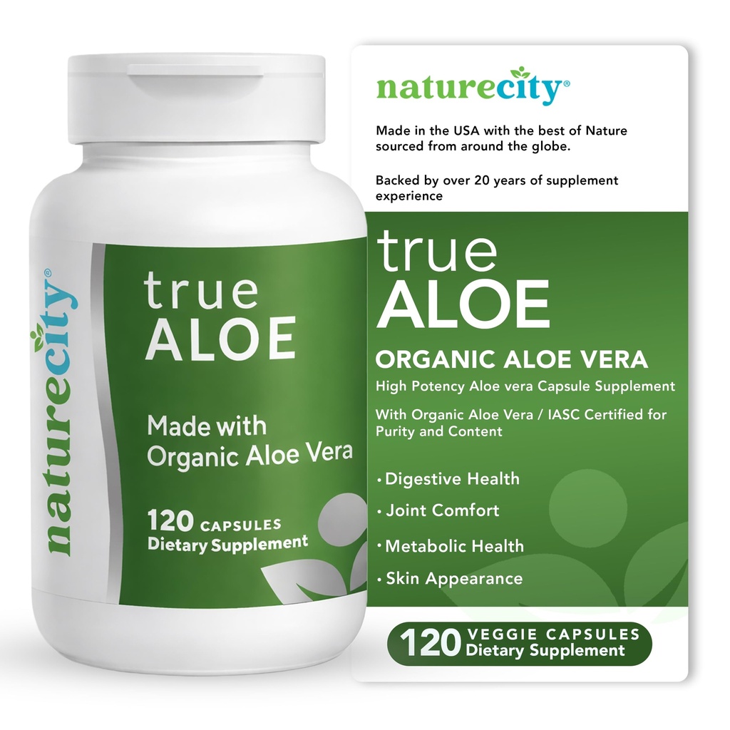 NatureCity True-Aloe Gut Health Support – 80.000 mg Aloe Vera Gel Equivalent Per Servis - Organik Aloe Vera (120 Capsules) Digestive, Skin & Ortak Destek | Easy-to-Swallow Pills
