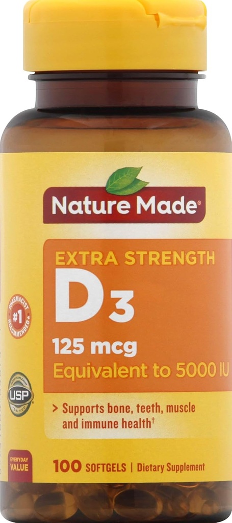Nature Made Vitamin D3 Συμπλήρωμα διατροφής Softgels, 5000 I.U, 100 Count