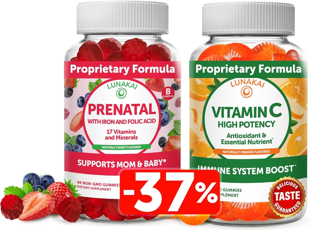 Lunakai Prenatal ve Vitamin C Gummies Sche - Hamile Multivitamin Supplement with Iron & Folic Acid - 300 mg Organik, Non-GMO, Vegan Chewable Gummy - 30 Days Supply