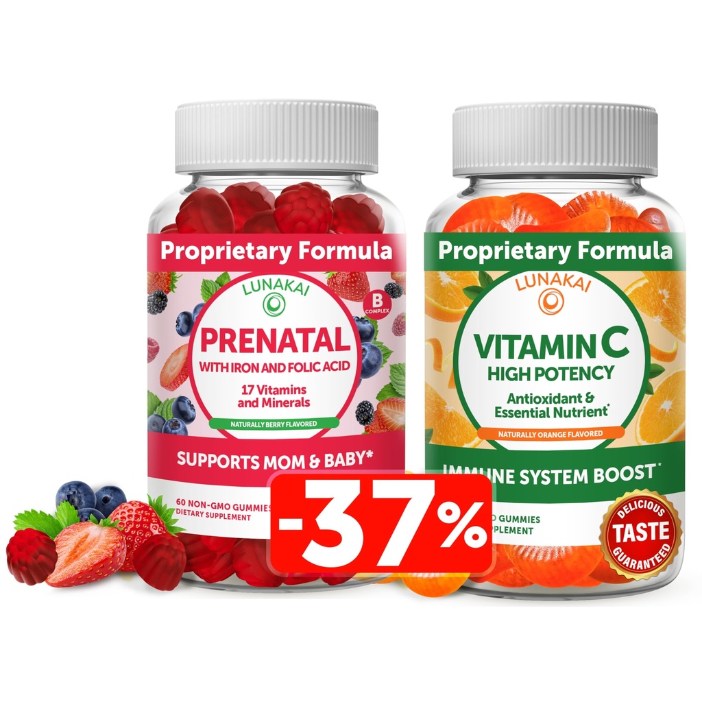 Lunakai Prenatal ve Vitamin C Gummies Sche - Hamile Multivitamin Supplement with Iron & Folic Acid - 300 mg Organik, Non-GMO, Vegan Chewable Gummy - 30 Days Supply