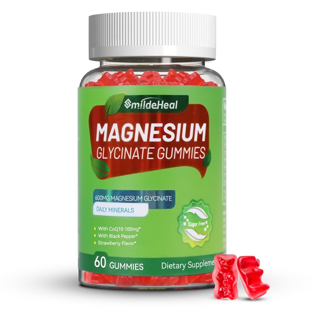 Magnezyum Glycinate Gummies 600 mg for Women & Men, L-Threonate 300 mg, CoQ10 ve Black Pepper, Vegan (60 Kont)