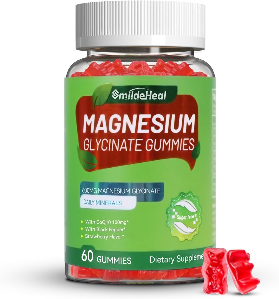 Magnezyum Glycinate Gummies 600 mg for Women & Men, L-Threonate 300 mg, CoQ10 ve Black Pepper, Vegan (60 Kont)