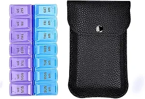 VOFOON Travel Pill Organizer 2 Times a Day, PU Deri Portable Pill Case for Women/Men, 7 Günlük AM PM Pill Box with Travel Pouch Medicine Organizer for Vitamins Medicine Fish Oils Supplements (Küçük)
