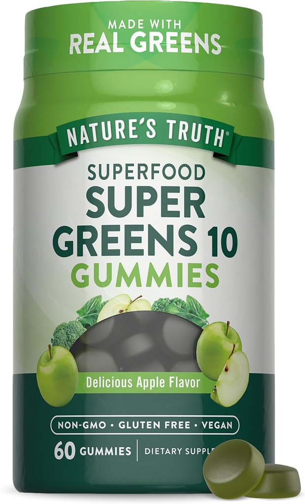 Nature's Truth Super Greens Gummies | 60 Count | Vegan, Non-GMO & Gluten Free | Made with Real Greens | Apple Flavories