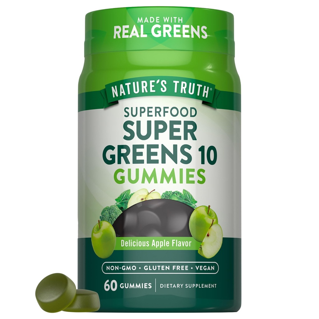 Nature's Truth Super Greens Gummies | 60 Count | Vegan, Non-GMO & Gluten Free | Made with Real Greens | Apple Flavories