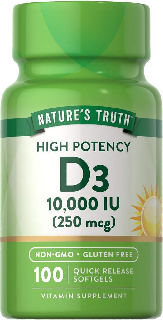 Nature's Truth D3 Vitamin 10.000 IU Softgels Supplement | 100 Count | High Potency Formula | Non-GMO ve Gluten Free